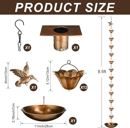 MorningRo Brass 8.5ft Rain Chains for Gutters Outside with Anchor Basin 12 Cups Rain Chain Catcher Downspout Replacement Adjustable Metal Garden Rainwater Divert for Eaves Drainage (Bird)
