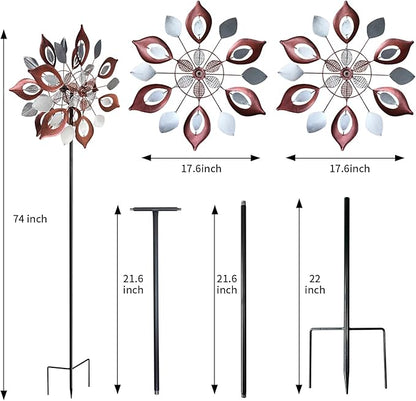 GUAGUA Classical Metal Wind Spinner Outdoor, 360 Degrees Swivel Wind Spinners for Yard and Garden, 74 in Wind Sculptures Willow Leaves Patio Decor (Red)