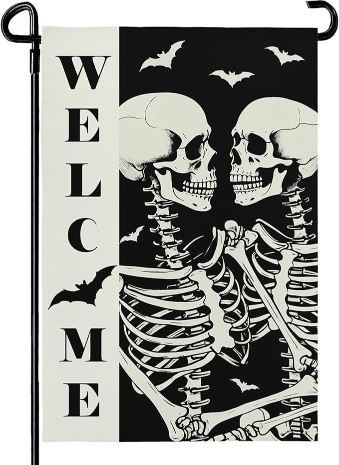 Halloween Welcome Skull Garden Flag Spooky Skeletons Funny Black White Yard Garden Flags Double Sided for Outside Fall Porch Patio Farmhouse Outdoor Decorations 12 x 18 Inch