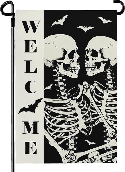 Halloween Welcome Skull Garden Flag Spooky Skeletons Funny Black White Yard Garden Flags Double Sided for Outside Fall Porch Patio Farmhouse Outdoor Decorations 12 x 18 Inch