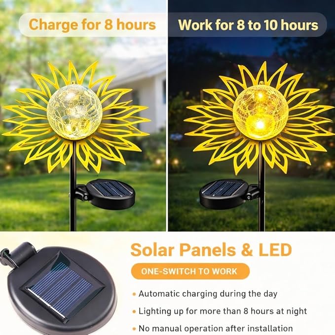 Solar Garden Lights Outdoor Decor, Metal Flower Stake Light with Warm White Crackle Glass Globe, Waterproof Decorative Solar Yard Art for Patio Lawn Backyard Pathway, Gardening Gift, Gold