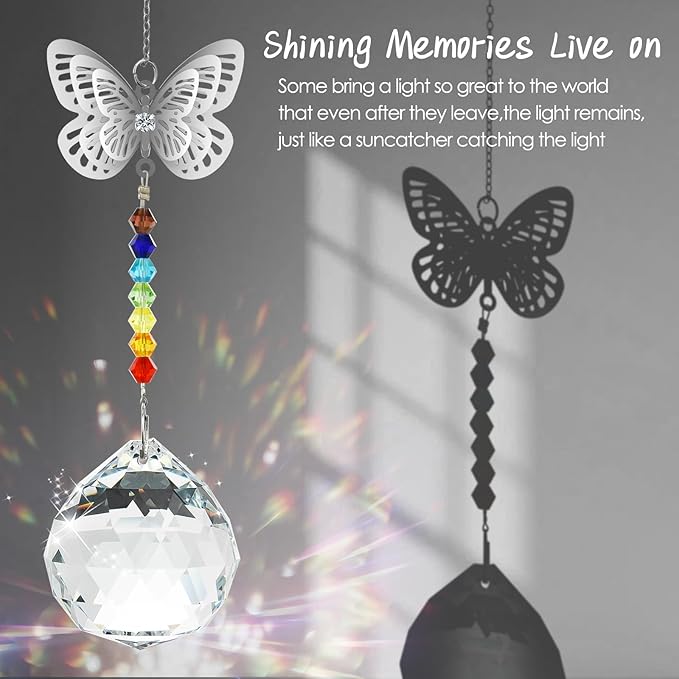 Merrynine Crystal Suncatcher, K9 Crystal Sun Catcher for Window Prism Ball, Unique Pendant Gift, Rainbow Maker with Butterfly Chain for Easy Hanging Indoor Outdoor Decoration (Butterfly Prism Ball)