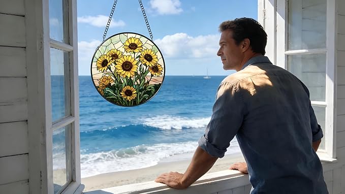 Stained Glass Window Hanging - Sunflowers Pattern 6.3 Inches Suncatcher for Garden Home Decor for Women Mon Grandma Friends