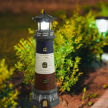 Solar Rotating Lighthouse Outdoor Lantern Garden Decor Resin Street Light - Black