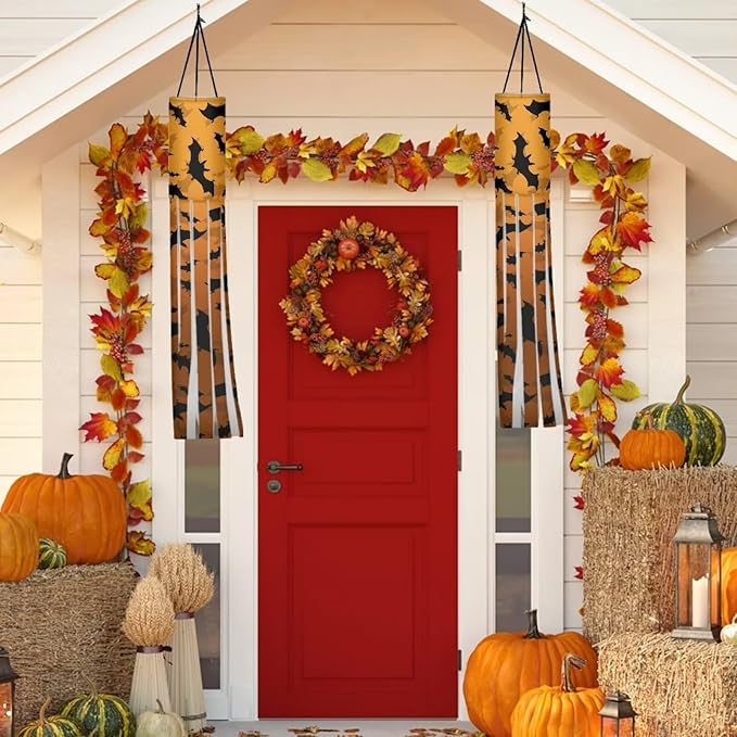 Halloween Bats Jack-o'-Lantern Windsocks Outdoor Hanging Durable Wind Sock with Tails Front Yard Patio Lawn Garden Party Halloween Spooky Ghost Decoration
