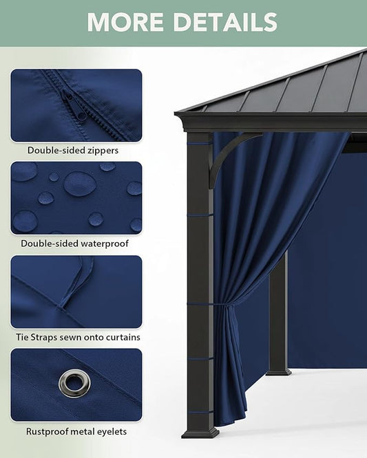 Gazebo Curtains Outdoor Waterproof - 10'Wx10'Lx7'H Weatherproof Patio Pergola Outside Curtains, Gazebo Universal Replacement Privacy Curtains, 4 Panels Sidewall Drapes with Zipper, Navy