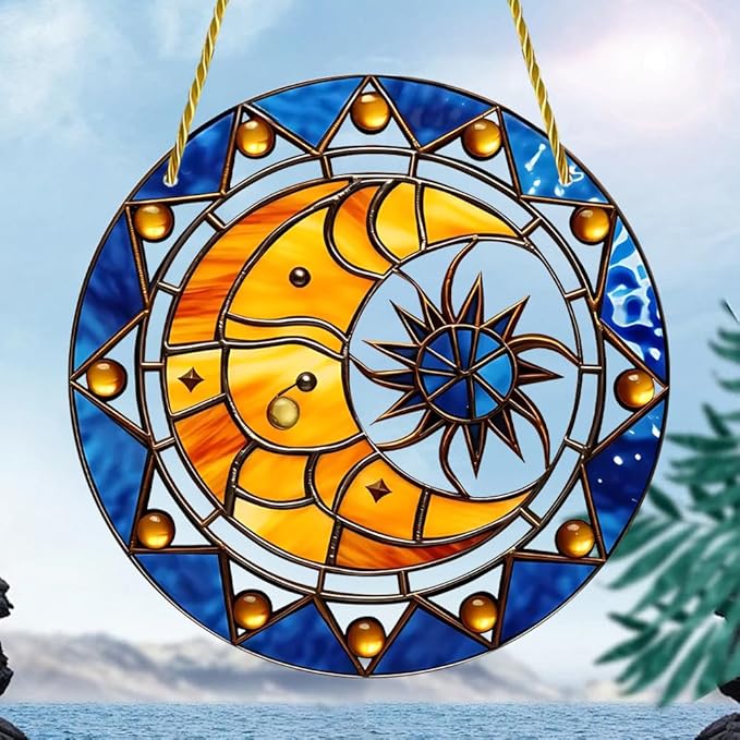 Sun and Moon Stained Window Hangings with Chain – Acrylic Retro Ornament for Garden, Patio and Indoor Decor, Housewarming Gift for Mom, Grandma and Space Lover