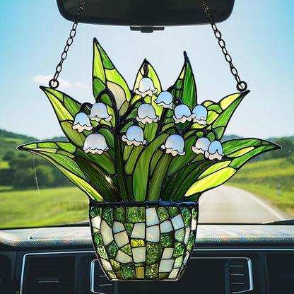Lily of The Valley Acrylic Suncatcher Stained Glass Effect Window Car Hanging Christmas Ornament Indoor Outdoor Decor Garden Sun Catcher Panel for Floral Lover for Women Mom Grandma