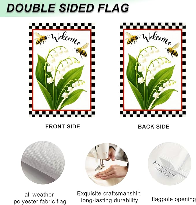IVN Welcome Garden Flag 12x18 Inch Double Sided Spring Summer Garden Yard Flags Lily of the Valley Bees Decorative Small Flags for Outdoor Seasonal Front Door Lawn Porch Patio Decor Yard Flag
