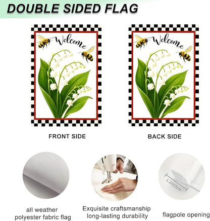 IVN Welcome Garden Flag 12x18 Inch Double Sided Spring Summer Garden Yard Flags Lily of the Valley Bees Decorative Small Flags for Outdoor Seasonal Front Door Lawn Porch Patio Decor Yard Flag