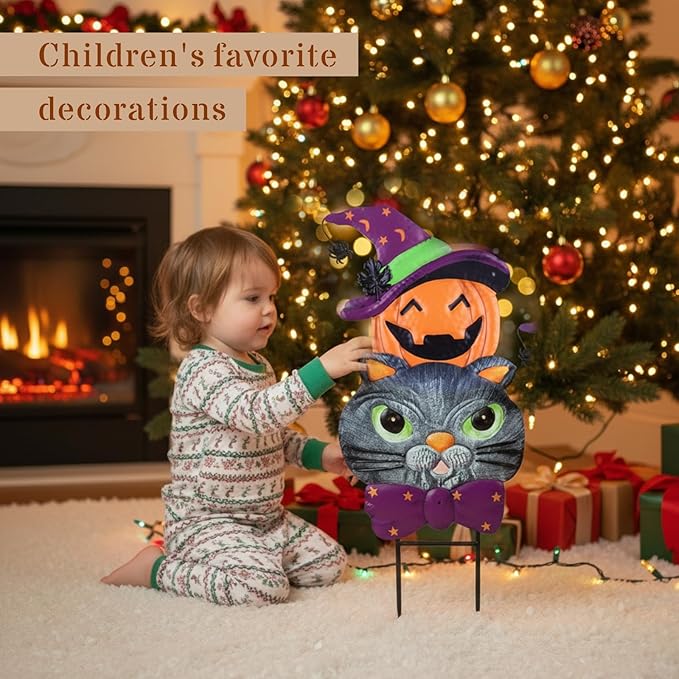Halloween Decorations Outdoor with Cute Black Cat Pumpkin, Metal Halloween Yard Stakes, Stacked Jack-o-Lantern Garden Stakes Decor for Pathway Patio Party, 25"