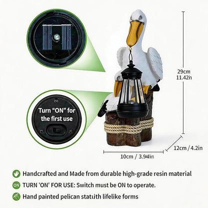 Pelican Solar Garden Outdoor Decor Statues with LED Lantern, Hand Painted Resin Animal Figurine Lights for Patio Lawn Yard Pathway, Unique Coastal Gifts for Women Mom Grandma