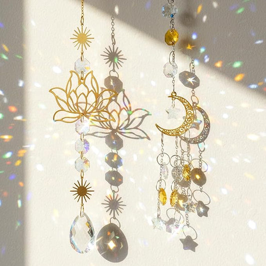 2Pcs Sun Catcher Crystals, Crystal Suncatchers Window Hanging, Natural Amethyst Pendant Ornament for Indoor Outdoor Prism Home Garden Meditation Decor
