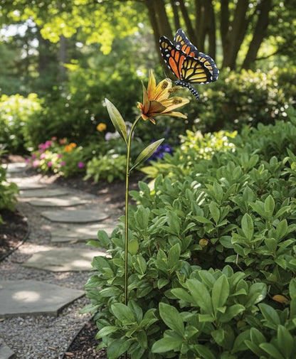 Regal Art & Gift Butterfly Flower Metal Garden Stake - Decorative Handcrafted Outdoor Metal Sculpture for Lawn, Patio & Garden Décor - Orange
