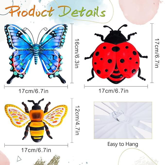 DEWEL 8 Pcs Metal Garden Decor for Outside, 3D Butterfly Ladybug Bee Outdoor Wall Decor, Outdoor Decor Wall Art, Colorful Hanging Decorations for Spring Garden Fence Patio Yard, Great Gift Choice