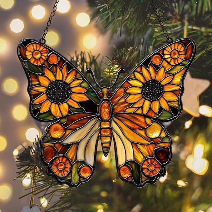 Sunflower Monarch Butterfly Acrylic Suncatcher Stained Glass Effect Window Car Hanging Christmas Ornament Indoor Outdoor Decor Garden Sun Catcher Panel for Butterfly Lover for Women Mom Grandma