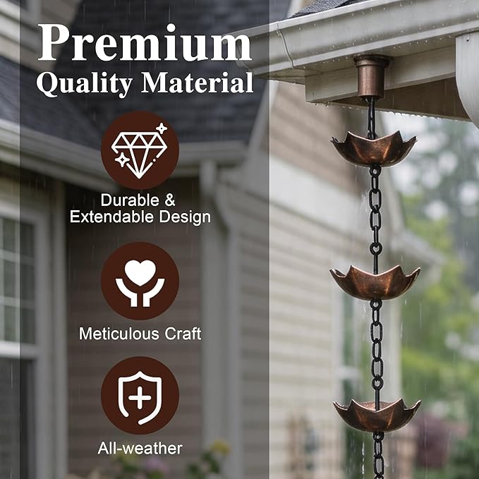 Topadorn 6ft Umbrella Shaped Rain Chain for Gutters Downspouts Outside, 8 Cups Rain Catcher Chain for Gutters, Adjustable Length Downspout Replacement, Outdoor Garden Rain Drainage Decor