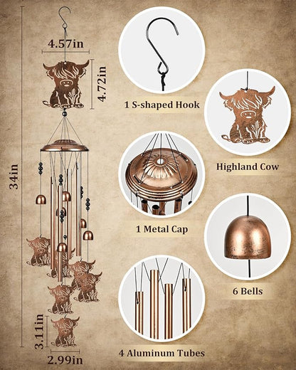 Highland Cow Wind Chimes Outdoor Decor Highland Cow Birthday Gifts for Women Mom Sister 34 Inch Metal Windchimes for Outside Porch, Garden, Yard Decoration