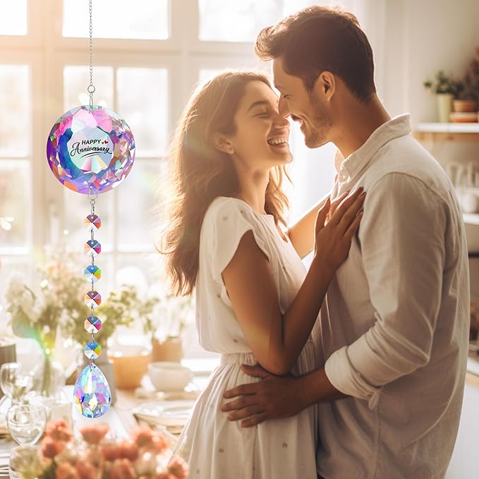 Happy Anniversary Crystal Suncatcher - Engraved Message, Sparkling Rainbow Decor for Home Bedroom Living Room, Complete Gift Set for Wife Girlfriend Her on Anniversary
