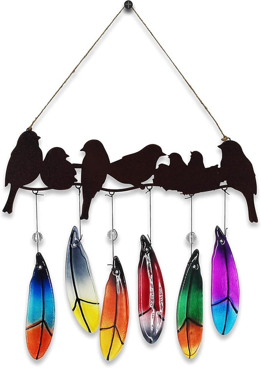 Wind Chimes for Outside with Handmade Glass Feather, Metal Bird Art Ornaments Pendant Windchimes Outdoors Hanging for Indoor Outdoor Yard Patio Porch Decoration, Birthday Gifts for Mom