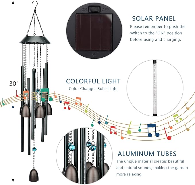 Taman Solar Wind Chime for Outside - 30" Led Color Changing Wind Chime Valentine's Day Gift Decorative Memorial Gift, for Home, Outdoor, Yard, Patio,Garden Decor