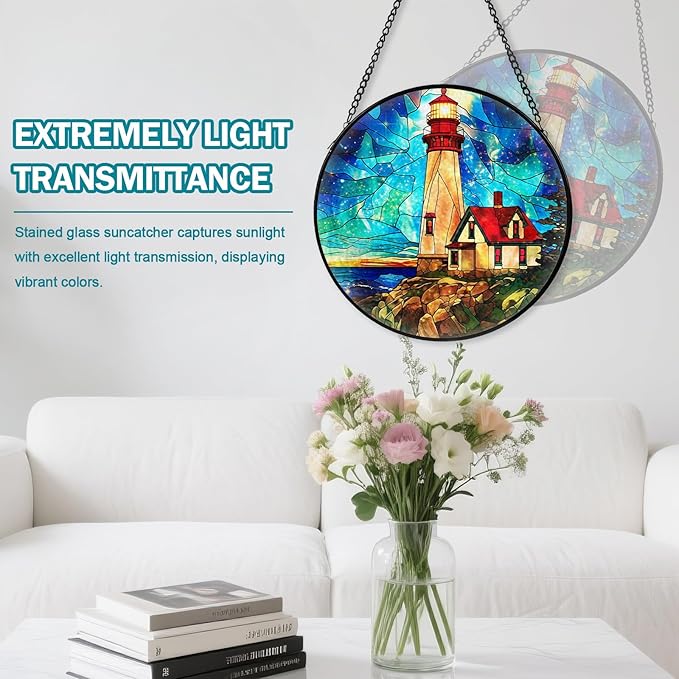 Lighthouse Stained Glass Window Hanging, Suncatcher Diamond Glass Panel Hangings, Suncatchers Indoor Windows Wall Art Decor, Gift for Mom Grandma, Christmas Decor for Home Office Garden 7.87 inches