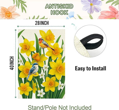 Baccessor Spring Summer Daffodils House Flag 28 x 40 Inch Double Sided Burlap Bluebirds Yellow Flower Green Leaf Farmhouse Large Yard Flag Summer Holiday Seasonal Outdoor Outside Decoration