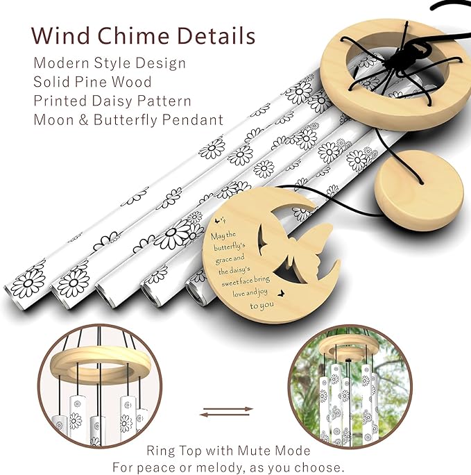 Modern Wind Chimes for Outside, 32" Daisy Print Wind Chime with Butterfly Pendant for Birthday, Mother's Day, Unique Gifts for Women, Garden Yard Patio Porch Home Hanging Decor(Whitestone)