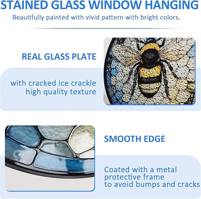 Ice Crack Bee Stained Glass Window Hanging, Bumblebee on Honeycomb Suncatchers for Windows Hanging Ornament for Home, Mother's Day Birthday Gift for Mom Grandma (8""/20cm)