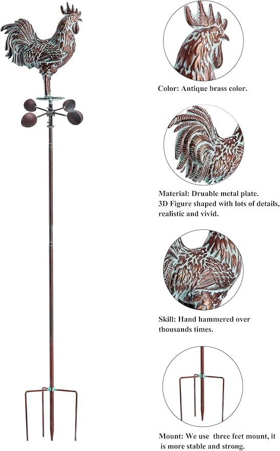 Metal Rooster Wind Spinner for Yard and Garden Statue Décor,79" Antique Copper Chicken Yard Spinner Outdoor,Kinetic Wind Sculptures & Spinners,Metal Animals Garden Stake for Patio,Lawn,Backyard