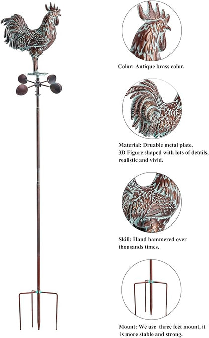 Metal Rooster Wind Spinner for Yard and Garden Statue Décor,79" Antique Copper Chicken Yard Spinner Outdoor,Kinetic Wind Sculptures & Spinners,Metal Animals Garden Stake for Patio,Lawn,Backyard