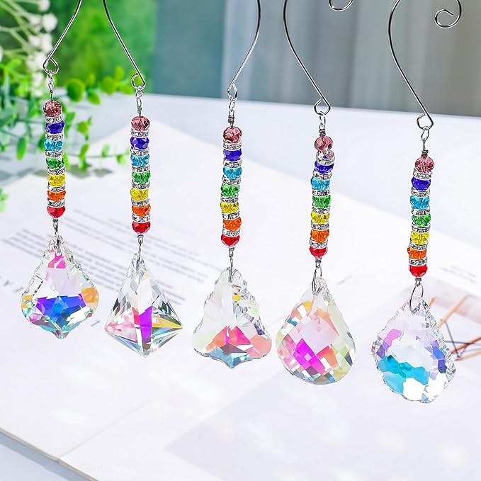 Pack of 5 Colorful Crystal Suncatcher Hanging Window Pendant Chandelier Drops Pendants,Hanging Glass Prisms Window Home Christmas Tree Decor