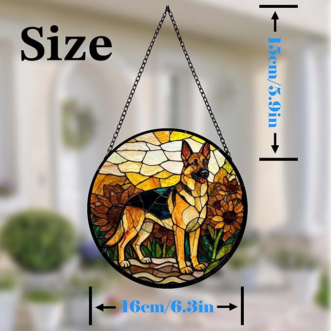 Stained Glass Suncatcher German Shepherd Among Sunflowers Handmade Window Hangings Colored Glass Suncatcher for Indoor Garden Christmas Home Decor Gift for Pet Dog Lover Memorial (6.3in)