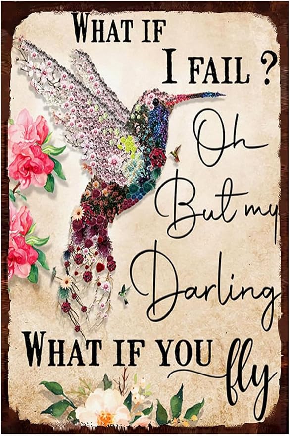 Bird Tin Sign Flower Metal Poster Vintage, What if You Fly, Wall Art Decor Gifts for Home Bar Kitchen Restaurant Bedroom Garden Plaque 8x12 Inch