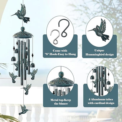 Vintage Bronze Hummingbird Wind Chimes for Outside, Retro Bird Gifts for Women Mom, Sympathy Memorial Windchimes for Garden Yard Patio Decor, Rustic Metal Wind Bell for Birthday Mother’s Day