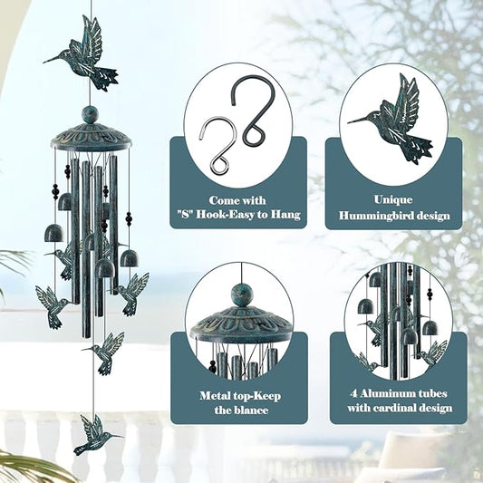 Vintage Bronze Hummingbird Wind Chimes for Outside, Retro Bird Gifts for Women Mom, Sympathy Memorial Windchimes for Garden Yard Patio Decor, Rustic Metal Wind Bell for Birthday Mother’s Day