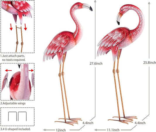 Natelf Pink Flamingo Yard Decorations, Metal Garden Statues and Sculptures, Standing Bird Lawn Ornaments for Patio Backyard Pond Decorations Set of 2