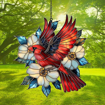 Flying Red Cardinal Acrylic Suncatcher Stained Glass Effect Window Car Hanging Christmas Ornament Indoor Outdoor Decor Garden Sun Catcher Panel for Cardinal Lover for Women Mom Grandma
