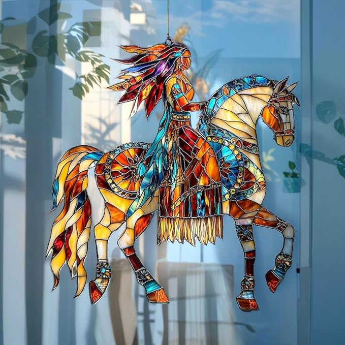 Native American Acrylic Suncatcher Colorful Window Hanging Ornament Sun Catcher Panel for Home Decor Car Garden Gift Colorful Native Rider Faux Stained Glass Suncatcher
