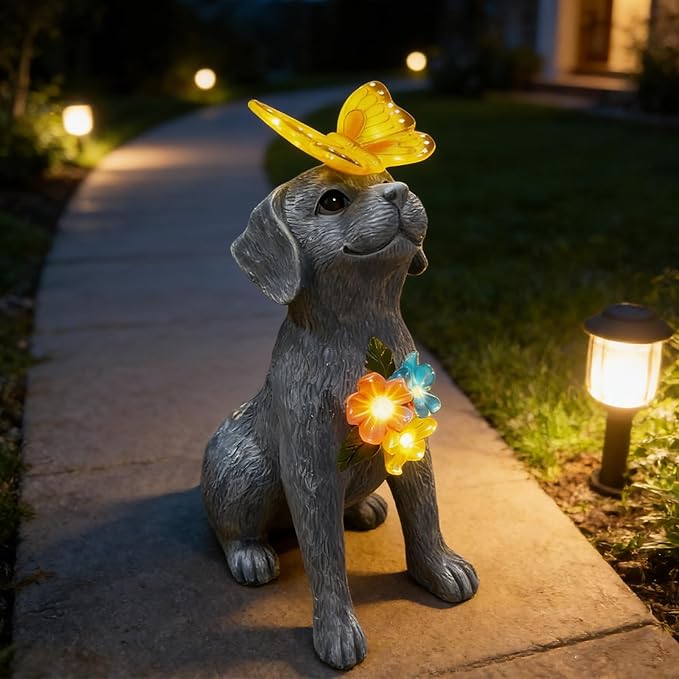 Dog Garden Statue Solar Butterfly, Dogs Figurines with Lantern Outdoor Patio Yard Decor Ideal Birthday Housewarming Gifts ,Dad Mom Grandma Dog Lovers, Beautifully Crafted Decorations to Wow Guests
