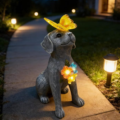 Dog Garden Statue Solar Butterfly, Dogs Figurines with Lantern Outdoor Patio Yard Decor Ideal Birthday Housewarming Gifts ,Dad Mom Grandma Dog Lovers, Beautifully Crafted Decorations to Wow Guests