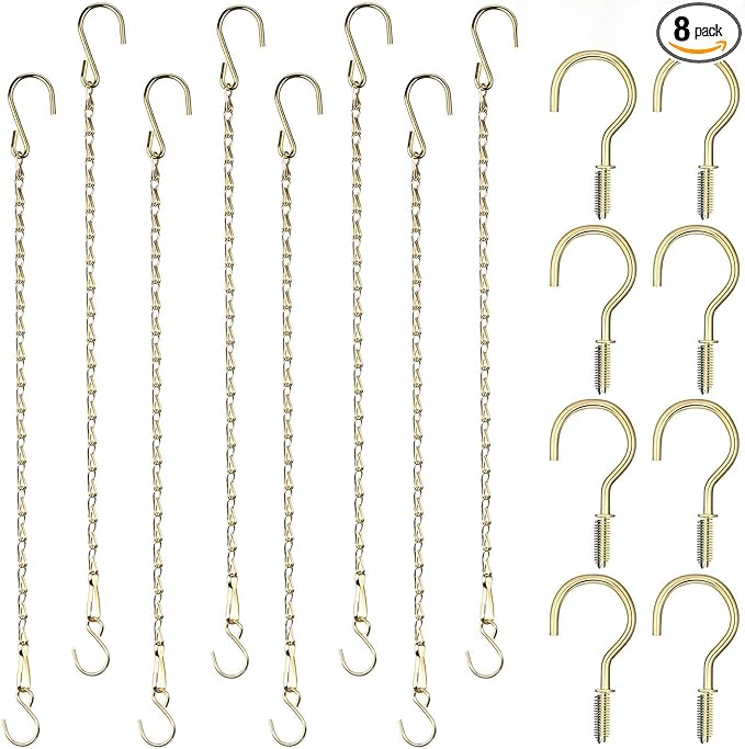 Hotop 8 Pcs Metal Hanging Chains with Ceiling Hooks, Garden Plant Hangers for Hanging Bird Feeders, Billboards, Chalkboards, Basket, Planters, Lanterns, Wind Chimes, Chain Hook DIY(12 Inch,Gold)