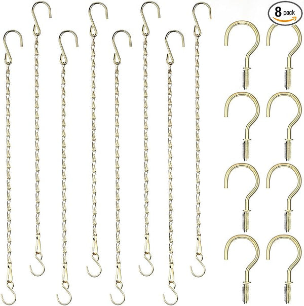 Hotop 8 Pcs Metal Hanging Chains with Ceiling Hooks, Garden Plant Hangers for Hanging Bird Feeders, Billboards, Chalkboards, Basket, Planters, Lanterns, Wind Chimes, Chain Hook DIY(12 Inch,Gold)