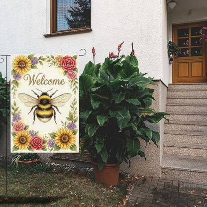 Welocome Spring Summer Bee Garden Flag Sun Flowers Floral Spring Garden Flag Decor Summer Double Sided House Flag for Outside Yard Decorations 12×18 Inch