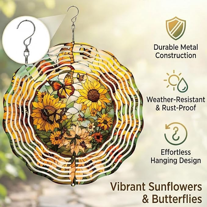Metal Wind Spinners Outdoor Sunflower Decorations Garden Hanging, Festive Gifts for Women Mom Grandma, 25cm/ 9.84in 3D Wind Spinners for Garden Decor for Patio,Yard,Outdoor