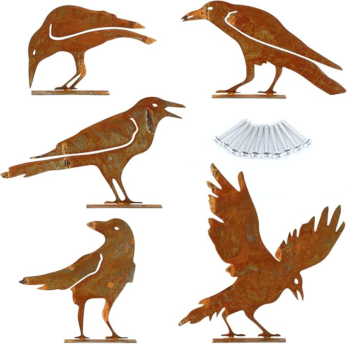 Geila 5PCS Rusty Birds Decoration, Fence Decorations Outdoor, Metal Birds Yard Decor Perfect Yard Art and Large Outdoor Ornaments (C)