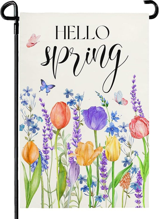 Hello Spring Garden Flags Tulip Lavender Yard Flag Butterflies Floral Seasonal Garden Flags Welcome Spring Flowers Rustic Home Banner for Outdoor House Summer Decoration