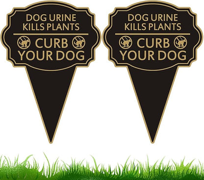 Double Sided Yard Sign 2PACK, Dog Urine Kills Plants, Curb Your Pet Lawn Marker, 14”x10” No Peeing & No Pooping Yard Stake with Integrated Mount, Outdoor Use (2PACK-Dog Urine Kills Plants)