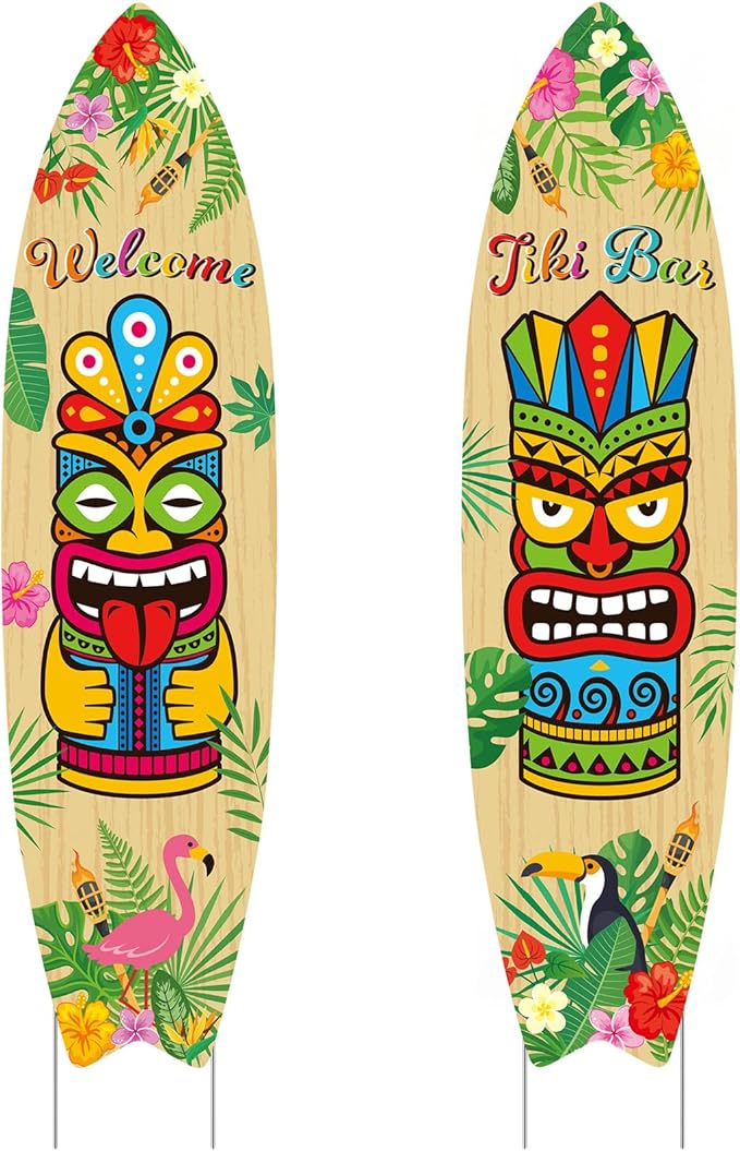 Queekay 2 Pcs Tiki Yard Sign Luau Hawaiian Tropical Party Decoration Outdoor Tiki Sign with Stakes for Summer (Skateboarding Style)