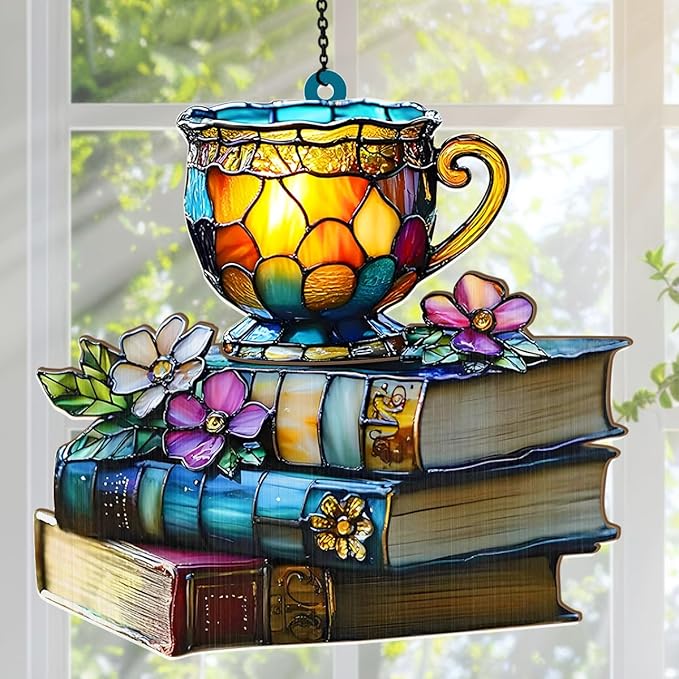 Jesuspirit - Window Hanging Suncatcher – Crystal Clear Acrylic & Wood Sun Catcher for Home Decor, for Women (Floral Book and Tea, 8 Inches)